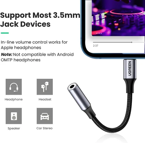 Miniatura 9 de Adaptador de auriculares UGREEN para iPhone, conector Lightning a 3.5mm, certificado Apple MFi, conector de audio auxiliar Lightning, dongle Gris