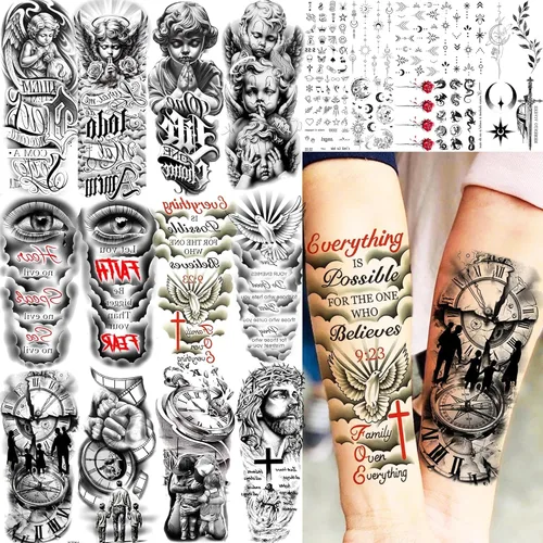 Miniatura 14 de COKTAK 64 hojas grandes de tatuajes temporales de brazo negro para hombres, antebrazo, mujeres, muslo, media manga, animales, león, tigre, lobo
