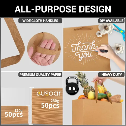 Miniatura 3 de EUSOAR Bolsas de papel kraft para compras, 50 unidades, 10.6 x 3.1 x 8.3 pulgadas, bolsas de regalo de papel kraft marrón con asas, bolsa con asa al