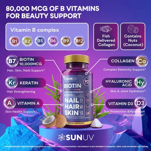 Miniatura 2 de SUNUV Biotina 10,000 mcg Colágeno Queratina - 80,000 mcg Vitaminas para el Crecimiento del Cabello para Mujeres y Hombres, Apoyo para la Piel