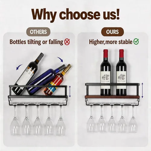 Miniatura 4 de B4Life Soporte para copas de vino montado en la pared, estante colgante para copas de vino para botellas de vino, estante de bar montado en la pared