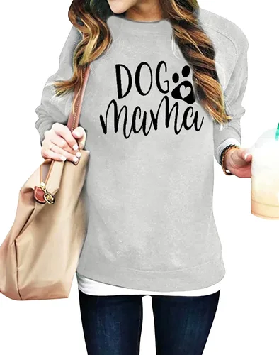 Miniatura 2 de ALLTB Sudadera con estampado de texto en inglés Dog Mom para mujer, sudadera de manga larga con estampado de letras