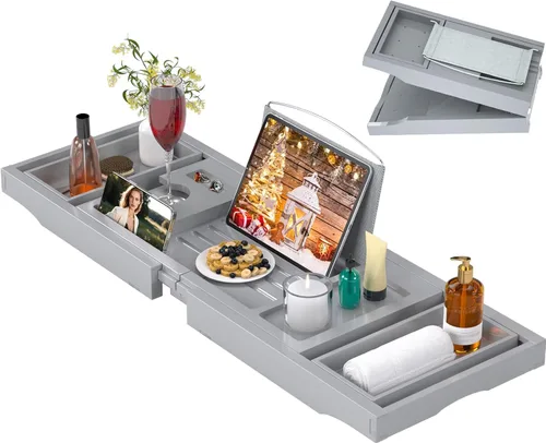 Miniatura 10 de Bandeja de bañera de madera de acacia, bandeja de baño plegable para bañera, bandejas de mesa de baño expandibles, accesorios de bañera y baño