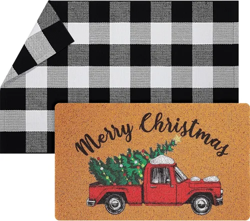 Geelin 2 Tapetes de Puerta de Navidad, Felpudo Delantero Navideño a Cuadros Buffalo Blanco y Negro, Alfombra Decorativa de Árbol de Navidad,