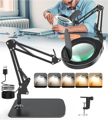 KimFilter Lupa 10X con luz y soporte, diseño de cubierta antipolvo, 5 modos de temperatura de color, lámpara de aumento LED regulable con brazo