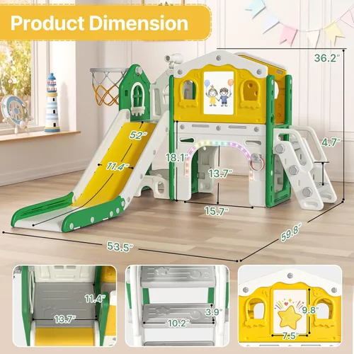 Miniatura 7 de BIERUM Juego de tobogán 10 en 1 para niños pequeños - Tobogán para bebés de 1 a 3 años con luces coloridas, pizarra para dibujar y tablero