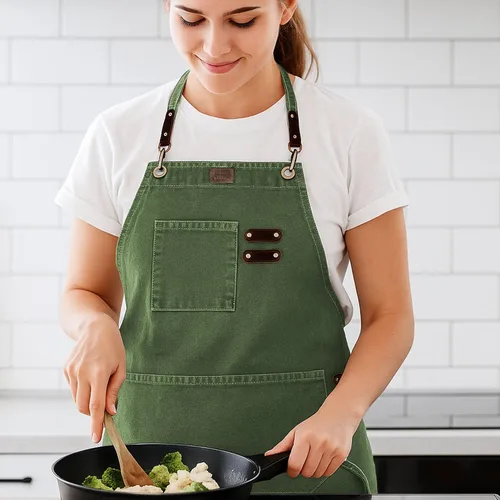 Miniatura 7 de LEATHER VILLAGE Delantales de chef para hombres y mujeres con bolsillos grandes, delantal de trabajo ajustable de lona de algodón con espalda Verde