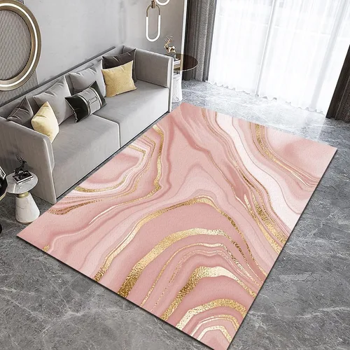 Miniatura 12 de Alfombra minimalista de lujo con diseño geométrico para sala de estar, alfombra moderna con estampado de mármol rosa dorado, alfombra rectangular