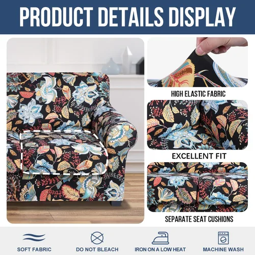Miniatura 4 de hyha Funda para sofá, diseño floral, elástica, estampada, 4 piezas, fundas para sofá de 3 cojines separados, protector de muebles lavable para Negro