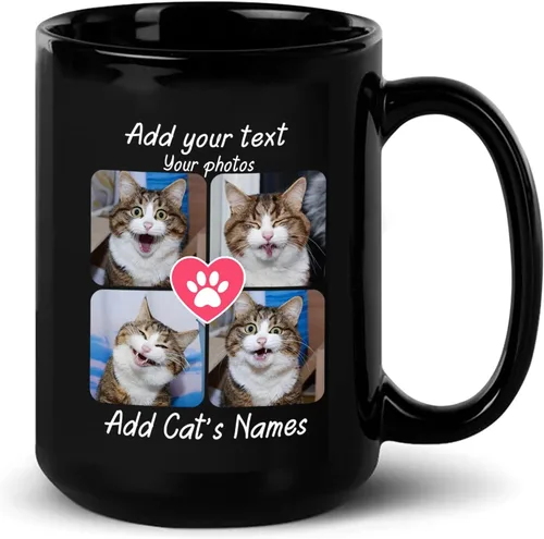 Miniatura 9 de Taza de cerámica negra personalizada para elegir nombre y foto con texto en inglés "Best Cat Dad Ever Just Ask", taza de café personalizada de 11