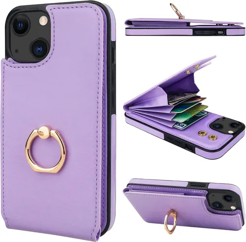 Miniatura 10 de Folosu Compatible con iPhone 13 Funda Cartera con Portarjetas, Soporte de Anillo para Dedo con Rotación de 360° Función de Atril Protectora Bloqueo