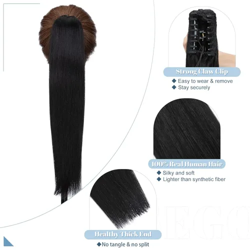 Miniatura 3 de SEGO Pinza de Gancho Extensión de Cola de Caballo Extensiones de Cabello Humano con Pinza para Cola de Caballo Extensiones de Cabello Real de Cola