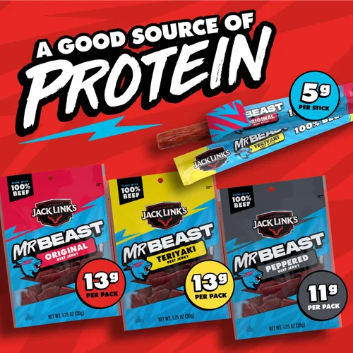 Miniatura 5 de Jack Link's x MrBeast - Paquete variado de carne seca y palitos – Original, condimentado y teriyaki – Snacks de proteína de carne real listos