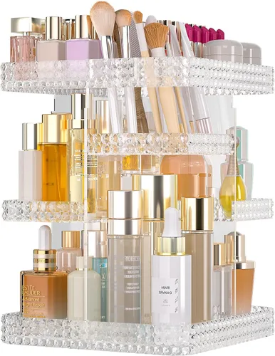 Miniatura 8 de Organizador de maquillaje giratorio con soporte para brochas de maquillaje, organizador de perfumes de gran capacidad para encimera de tocador, Negro