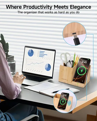Miniatura 3 de Portaplumas de bambú para escritorio y organizador de mesita de noche con carga inalámbrica rápida para iPhone, Samsung y más – Accesorios