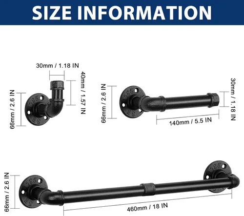 Miniatura 6 de NearMoon Juego de accesorios de baño de tubería industrial de 5 piezas, incluye barra de toalla de 18 pulgadas, soporte para papel higiénico y 3