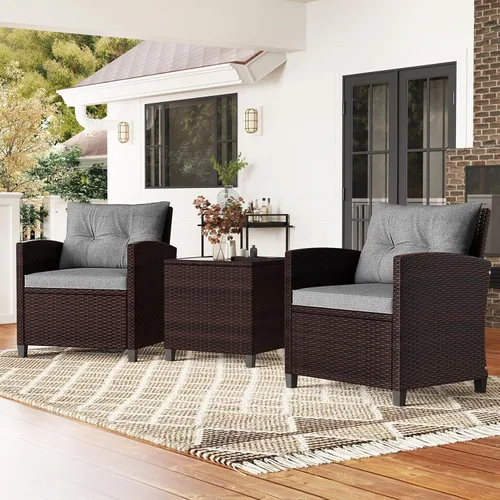 Miniatura 10 de Juego de muebles de mimbre para patio, juego de sofá para exteriores con cojín resistente al agua y mesa de vidrio templado, color marrón