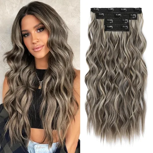 Miniatura 27 de REECHO Extensiones de cabello con pinza, 4 piezas de extensiones de cabello rubio de 24" de largo, ondas de playa gruesas, HE003, trama de encaje