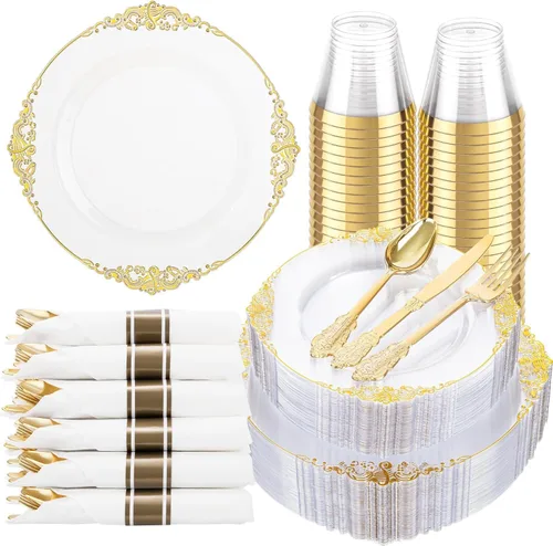 Miniatura 18 de Hioasis 175 platos de plástico verde transparente, elegante juego de vajilla desechable adecuado para 25 invitados, incluye platos de cena de 10.25