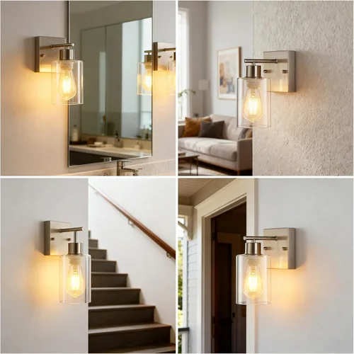 Miniatura 7 de 2 paquetes de apliques de pared para baño, luces de tocador de níquel cepillado, lámpara de pared moderna con pantalla de vidrio transparente