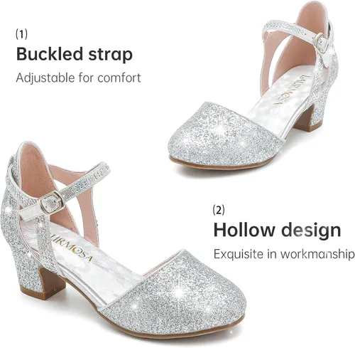 Miniatura 5 de Zapatos de vestir para niñas, puntera cerrada, tacones altos y gruesos, correa para el tobillo, zapatos de tacón para boda y fiesta