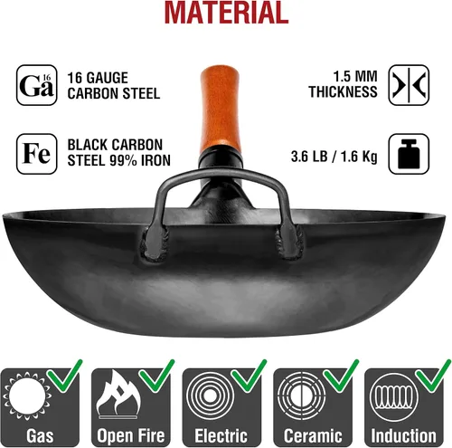 Miniatura 4 de YOSUKATA Sartén wok de acero al carbono – Sartenes para freír de 13.5 pulgadas – Wok chino con pow de fondo plano + tapa de wok de 12.8 pulgadas +