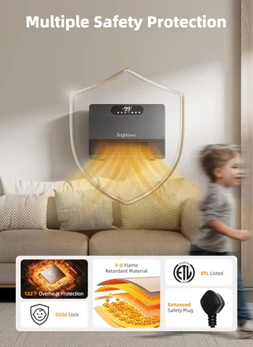 Miniatura 5 de Brightown Calentador de pared inteligente, calentador eléctrico para uso en interiores de 1500 W, 5 modos opcionales, termostato ajustable, 3-Gris