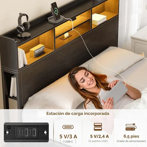 Miniatura 7 de Rolanstar Base de cama matrimonial con almacenamiento, plataforma de 4 cajones con estación de carga USB, luces LED integradas y cabecero