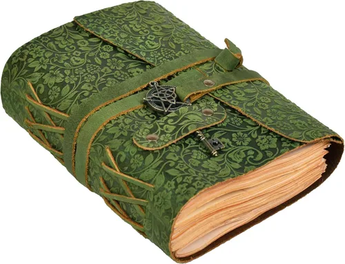 LEATHER VILLAGE Diario encuadernado de cuero hecho a mano para mujeres - Verde | "7"X5" (A7) Mediano | 260 páginas en blanco de papel vintage para