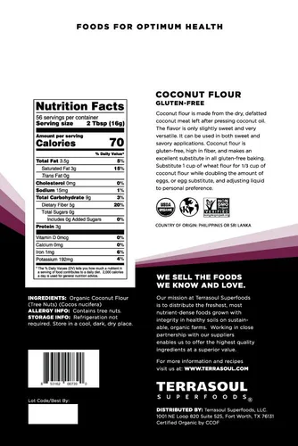Miniatura 2 de Terrasoul Superfoods Harina de coco orgánica, 4 libras, sin gluten, sin refinar, textura fina, calidad prémium