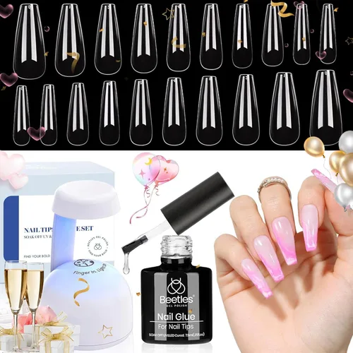 Beetles - Kit de extensión de uñas de gel fácil con 500 puntas de uñas en forma de ataúd 5 en 1, base de pegamento de uñas y lámpara LED innovadora,