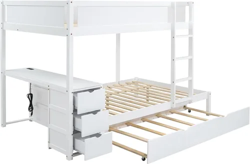 Miniatura 5 de Litera de tamaño matrimonial con escritorio debajo de la cama, cama nido de tamaño individual y cajones de almacenamiento, no necesita somier Blanco