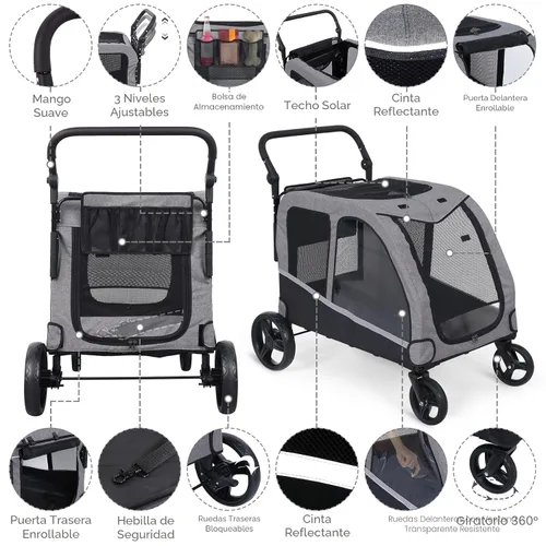 Miniatura 2 de Saudism Cochecito de perro para perros grandes y medianos, cochecito extra grande para mascotas, carro para perros para 2 perros, diseño plegable