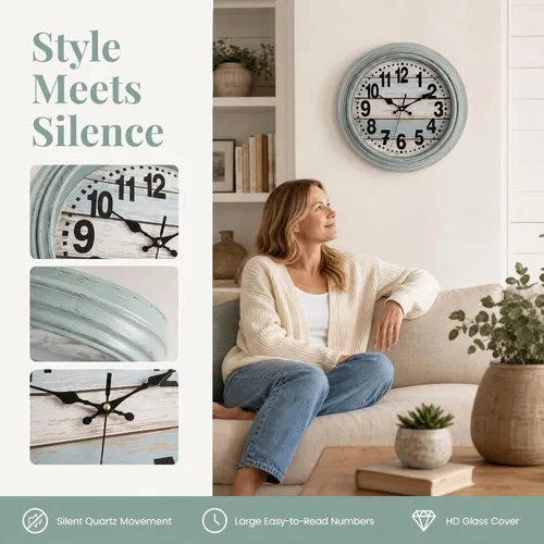 Miniatura 11 de ZENFUN Reloj de pared rústico de 12 pulgadas, reloj de pared silencioso sin tictac, funciona con pilas, decoración de pared de estilo rústico