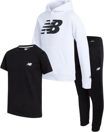 New Balance Conjunto deportivo para niños, camiseta de manga corta de 3 piezas, sudadera de forro polar con capucha y pantalones deportivos (8-12)