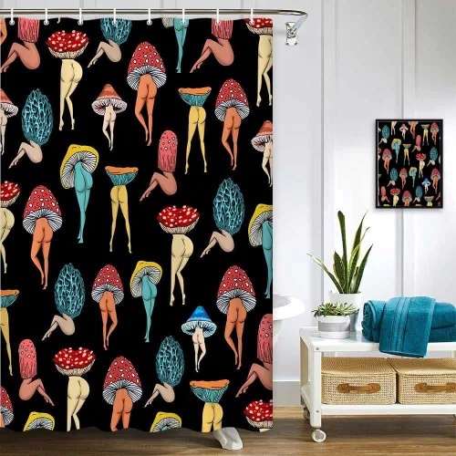 Divertida cortina de ducha con trasero de hongo, divertida y sexy, de los años 70 y 80, cortinas de ducha de tela para baño, hippie, psicodélico,