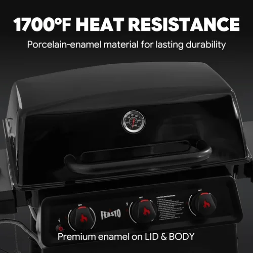 Miniatura 4 de Feasto Parrilla de gas propano de 3 quemadores con quemador lateral, cuerpo principal y tapa esmaltados de porcelana, parrilla de barbacoa