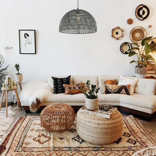 Miniatura 6 de JONATHAN Y Lámpara colgante LED de cuerda tejida bohemia moderna gris de 20 pulgadas, lámpara de techo de cúpula ajustable para isla de cocina