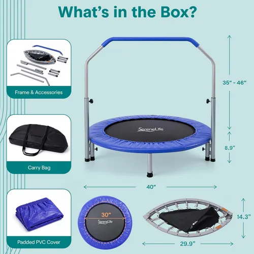 Miniatura 8 de SereneLife Mini trampolín plegable de 40 pulgadas para adultos, rebotador de fitness compacto con mango de espuma ajustable, trampolín de ejercicio