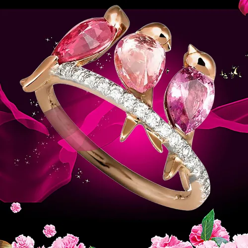 Miniatura 5 de Washranp Exquisito anillo de estilo fresco para mujer, pareja, anillos de amor creativos, 3 pájaros, animales, diamantes de imitación, fiesta