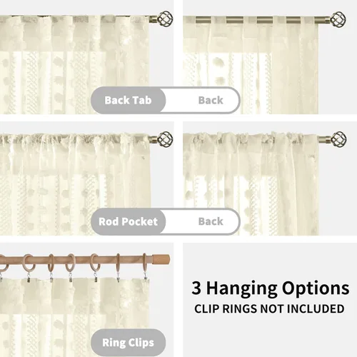 Miniatura 6 de BGment Cortinas traslúcidas con pompones de 63 pulgadas de largo, cortinas bohemias texturizadas filtrantes de luz con bolsillo para barra y pestaña
