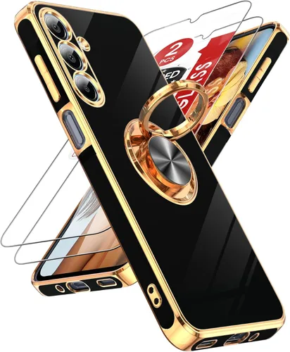 Miniatura 16 de LeYi Funda para Samsung Galaxy S22 Ultra con soporte de anillo giratorio de 360°, soporte magnético, chapado en oro rosa, borde protector para Negro