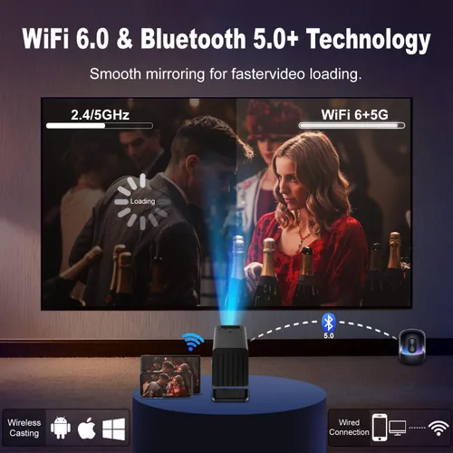 Miniatura 3 de Mini proyector con WiFi y Bluetooth, soporte 4K 260 ANSl proyector portátil inteligente, Keystone automático, rotación de 135 grados, proyector
