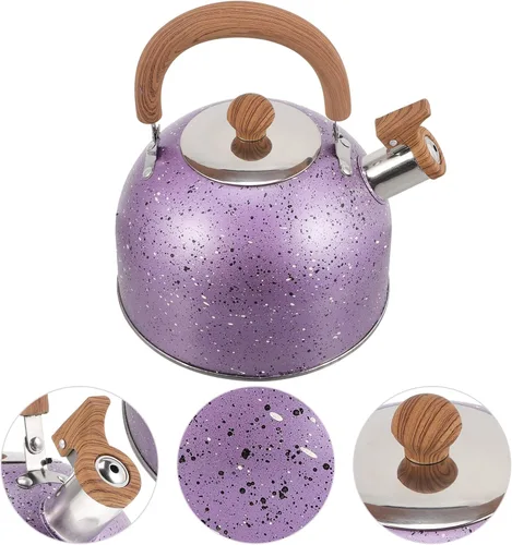 Miniatura 7 de Tetera de té silbante, hervidor de agua de acero inoxidable con mango de madera, cubierta de boquilla de bloqueo, camping para inducción de gas