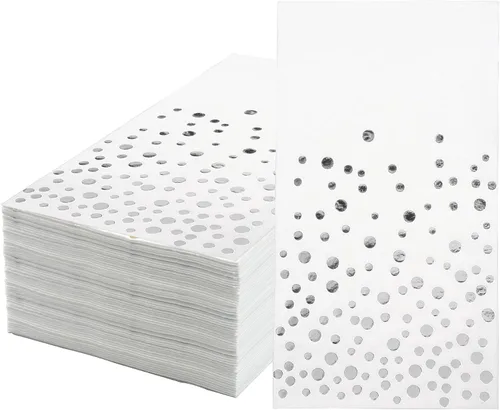Miniatura 7 de Paquete de 120 servilletas de papel de aluminio dorado con lunares blancos y dorados, toallas de mano desechables metálicas para boda, baby shower