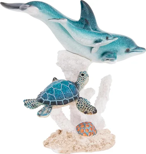 Miniatura 8 de Estatua de tortuga marina triples nadando sobre base de arrecife de coral, figura de polystone inspirada en el océano para decoración del hogar Azul
