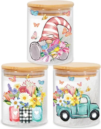 JarThenaAMCS 3 Frascos de Almacenamiento de Vidrio Floral de Primavera con Tapa Hermética Tulipán Flor Gnomo Camión Mariposa Juegos de Recipientes
