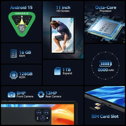 Miniatura 2 de 2025 La última tableta Android 15 de 11 pulgadas con celular dual 4G, tabletas Octa-Core con 128 GB de ROM 16 GB de RAM 1 TB Expand, tabletas