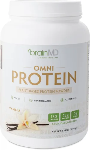 BRAINMD Dr Amen OMNI Protein Vanilla - 2.38 libras - Proteína en polvo a base de plantas - Promueve la recuperación de energía y ejercicio - Vegano,