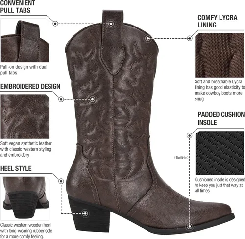 Miniatura 3 de Rollda Botas vaqueras occidentales para mujer con punta puntiaguda, botas vaqueras de media pantorrilla, botas de moda bordadas con tacón grueso